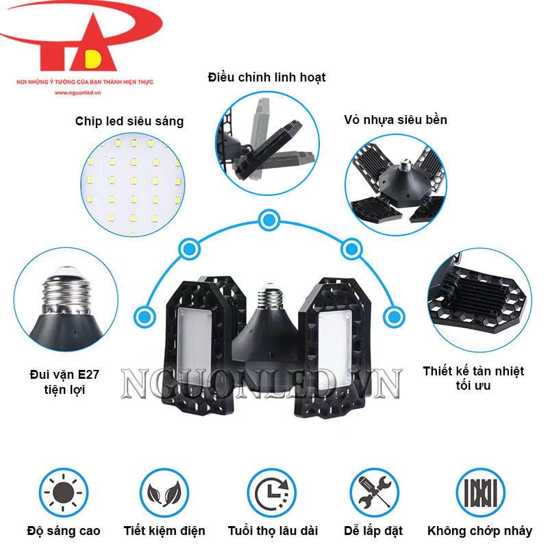 Đèn led nhà xưởng cánh quạt cao cấp với đui vặn E27, điều chỉnh linh hoạt