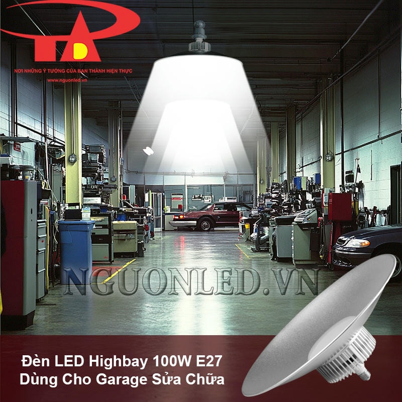 Đèn led highbay 100W đui vặn E27 sử dụng cho garage sửa chữa