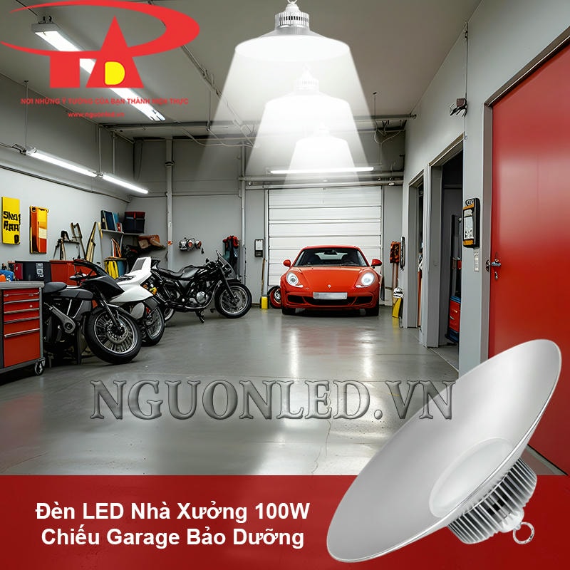 Đèn led nhà xưởng 100W móc treo đảm bảo sáng đều cho garage bảo dưỡng