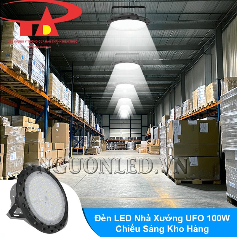 Đèn led highbay 100W UFO sử dụng cho nhà kho, ánh sáng phủ đều