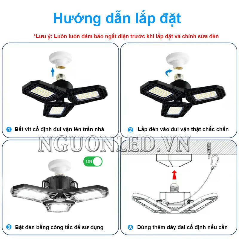 Hướng dẫn lắp đặt đèn led nhà xưởng 50W cánh quạt, bảo đảm an toàn