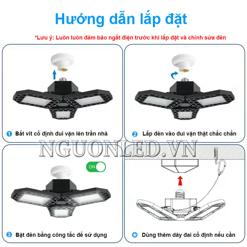 Hướng dẫn lắp đặt đèn LED nhà xưởng 60W cánh quạt chi tiết, an toàn