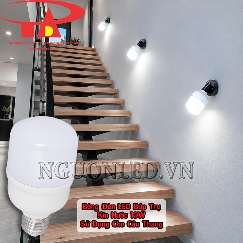 Bóng LED bulb 10W kín nước gắn cạnh tường cầu thang, làm rõ bậc thang và chiều sâu kiến trúc