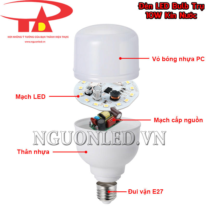 Bóng đèn LED búp trụ kín nước 10W gồm vỏ nhựa PC, cụm LED, mạch nguồn, thân nhựa và đui E27
