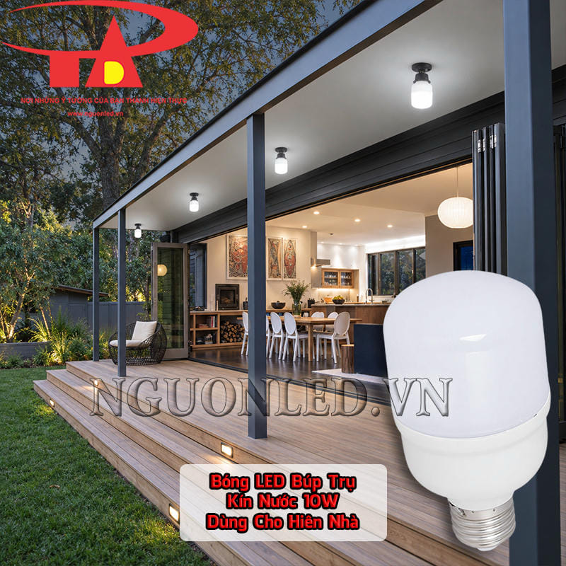 Đèn LED búp kín nước 10W dùng dưới mái hiên, làm rõ khu vực cửa và khoảng sân sát nhà vào buổi tối