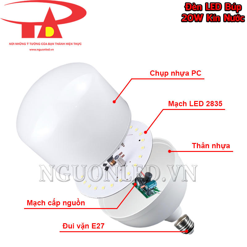 Đèn LED búp kín nước 20W với các linh kiện hoạt động đồng nhất bên trong 1 bóng
