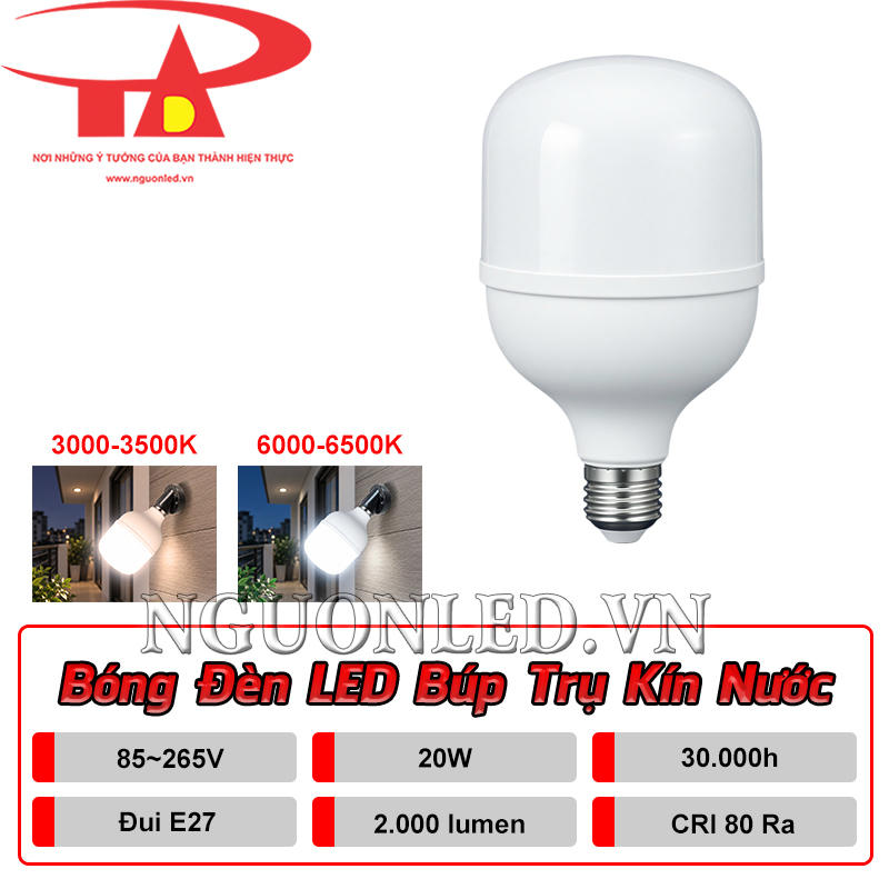 Bóng LED bulb 20W kín nước với quang thông 2.000 lm, điện áp 85–265V AC, đui E27 và hai phiên bản ánh sáng trắng, vàng
