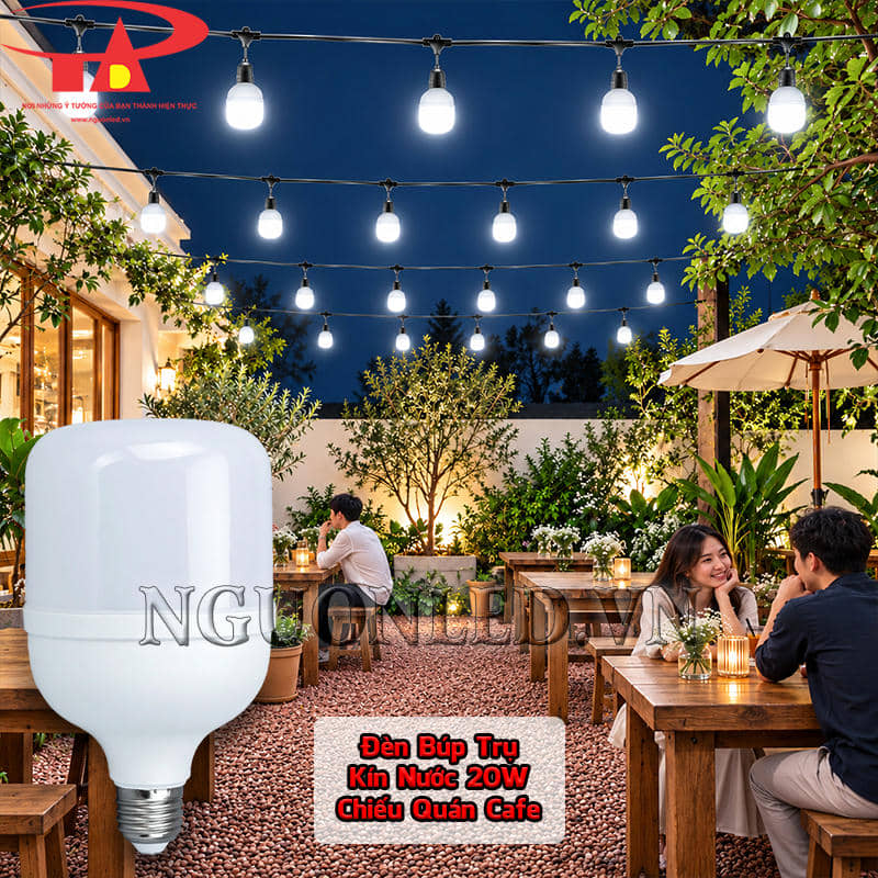 Bóng LED 20W kín nước thả treo thành nhiều dãy phát ánh sáng trắng phía trên bàn ghế và khách ngồi tại quán cà phê