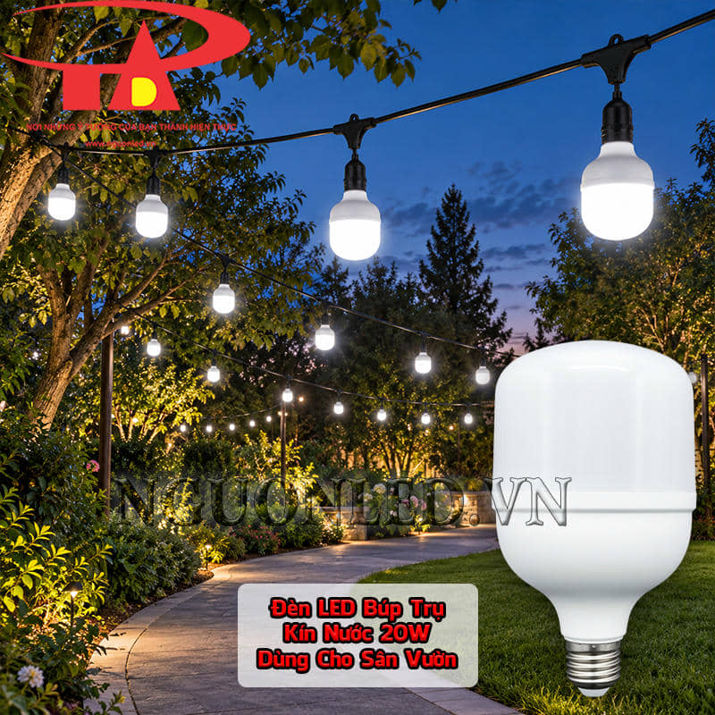 Bóng đèn LED búp trụ kín nước 20W thả treo thành dãy giữa các tán cây và lối đi trong sân vườn