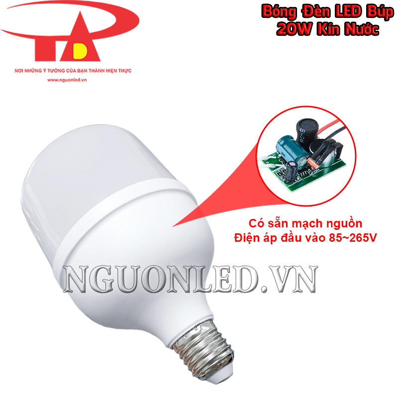Bóng đèn LED bulb kín nước 20W với mạch nguồn tích hợp bên trong thân bóng, sử dụng điện áp đầu vào 85~265V AC