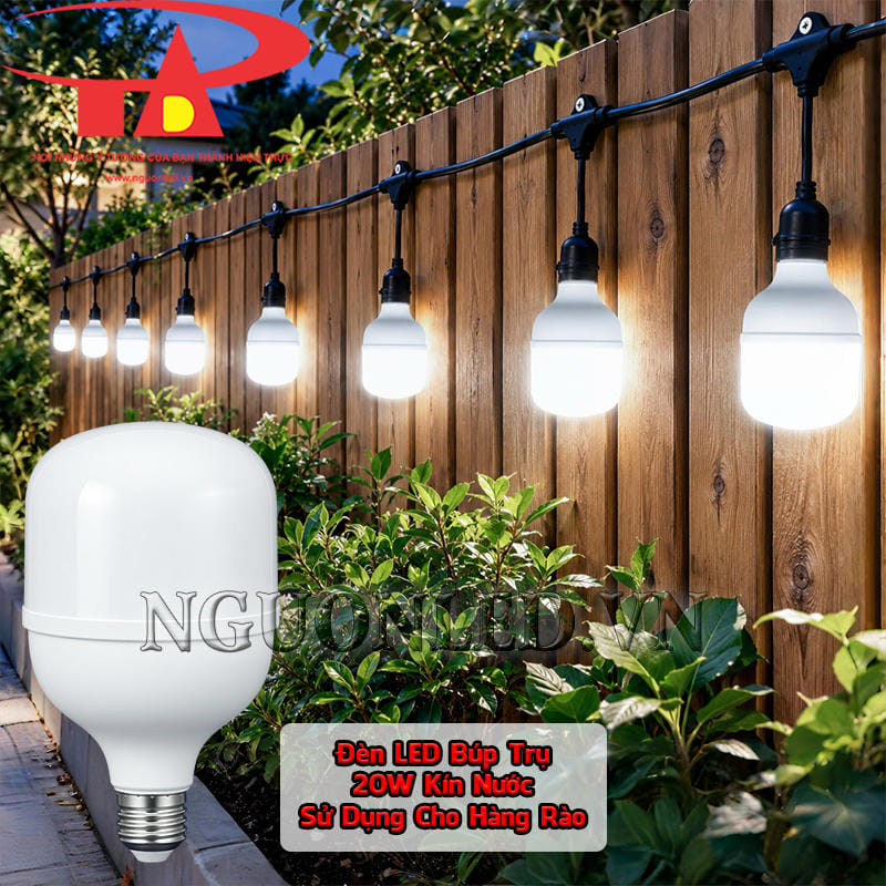 Đèn LED bulb kín nước 20W treo thành dãy dọc hàng rào gỗ