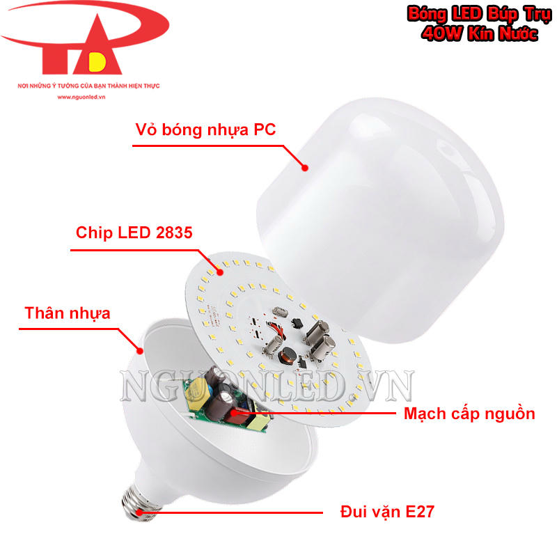 Đèn LED búp trụ kín nước 40W gồm chụp PC, chip 2835, mạch nguồn, thân nhựa và đui E27