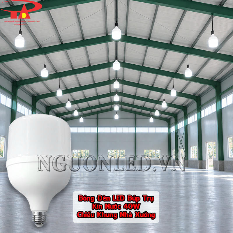 Bóng LED búp kín nước 40W chiếu sáng nhà xưởng khung thép với nhiều điểm sáng theo phần dầm mái nhà