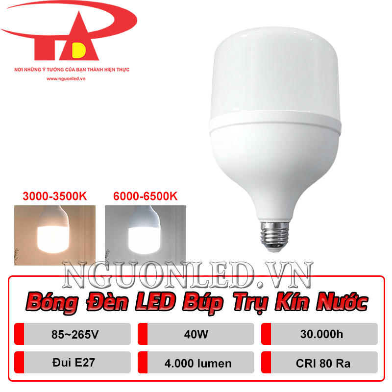 Bóng đèn LED búp trụ kín nước với công suất 40W, quang thông 4.000 lm và tuổi thọ 30.000h