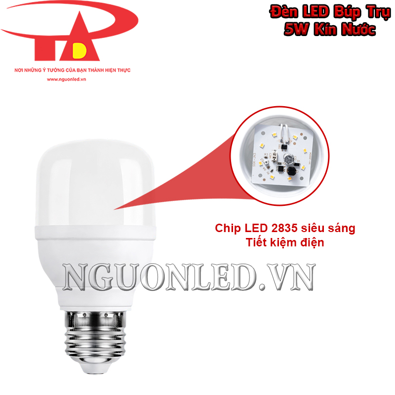 Đèn LED búp 5W kín nước dùng chip SMD 2835, hiệu suất phát quang 100 lm/W và quang thông 500 lm