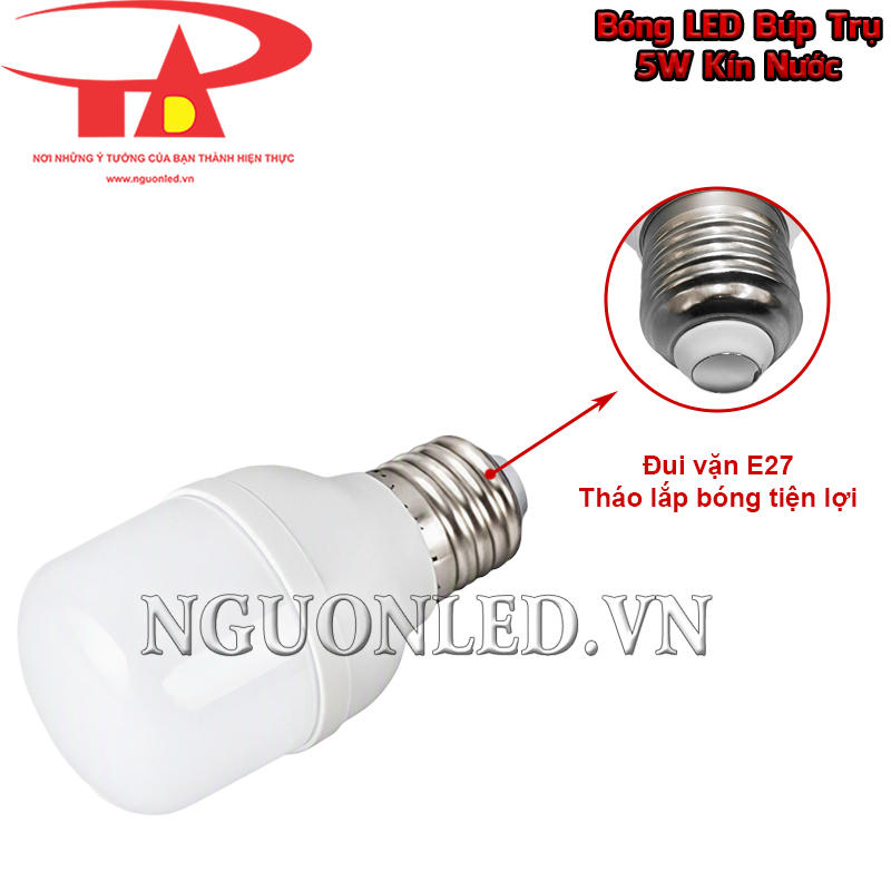 Đèn búp trụ kín nước 5W dùng đui vặn E27, thuận tiện tháo và thay riêng phần bóng khi cần