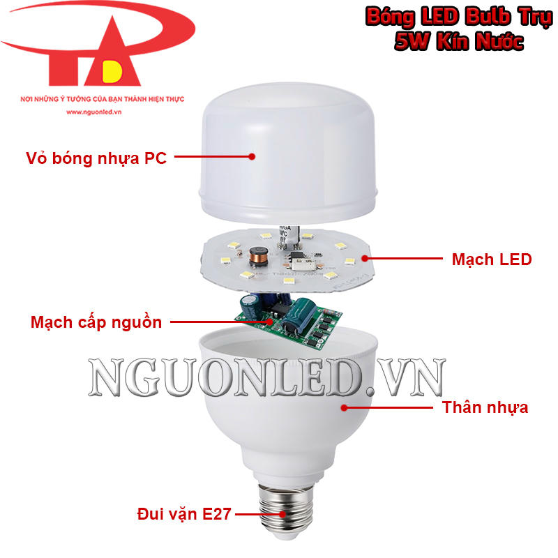 Cấu tạo bóng đèn LED búp trụ kín nước 5W gồm vỏ PC, cụm LED, mạch nguồn, thân nhựa và đui vặn E27
