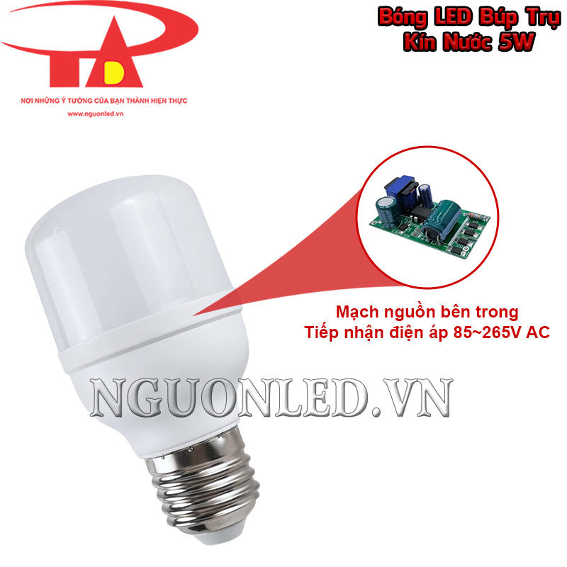 Bóng LED 5W kín nước có mạch nguồn tích hợp tiếp nhận điện áp 85–265V AC trước khi cấp tới cụm LED           | Mạch nguồn tích hợp xử lý điện đầu vào trong thân bóng trước khi cấp nguồn phù hợp cho hệ thống LED