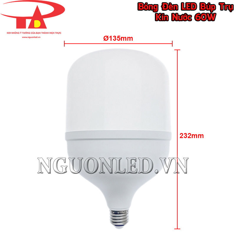 Đèn búp trụ kín nước 60W có đường kính Ø135mm và chiều cao tổng thể 232mm
