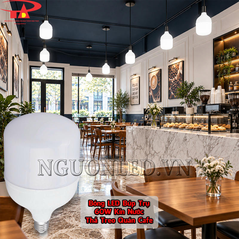 Bóng LED bulb 60W kín nước thả treo trong quán cà phê với khu bàn ghế và quầy phục vụ