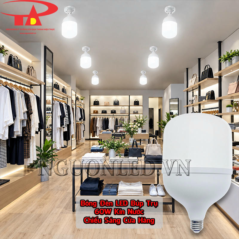 Đèn búp trụ kín nước 60W chiếu sáng cửa hàng thời trang có kệ trưng bày, dãy quần áo và lối đi