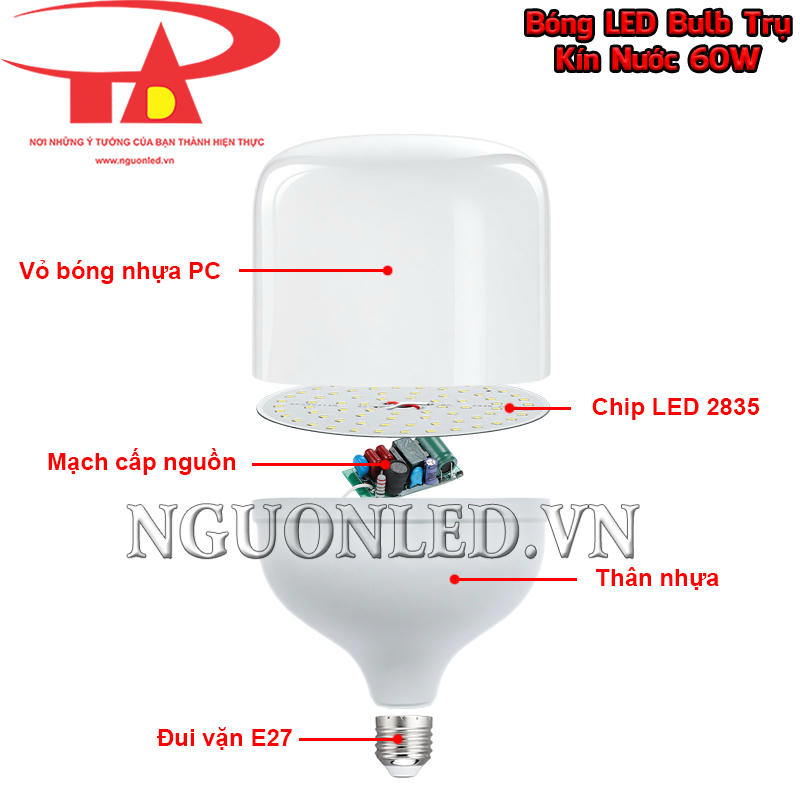 Bóng đèn búp trụ 60W kín nước với cấu tạo minh họa gồm chụp PC, cụm chip LED, mạch nguồn, thân nhựa và đui E27