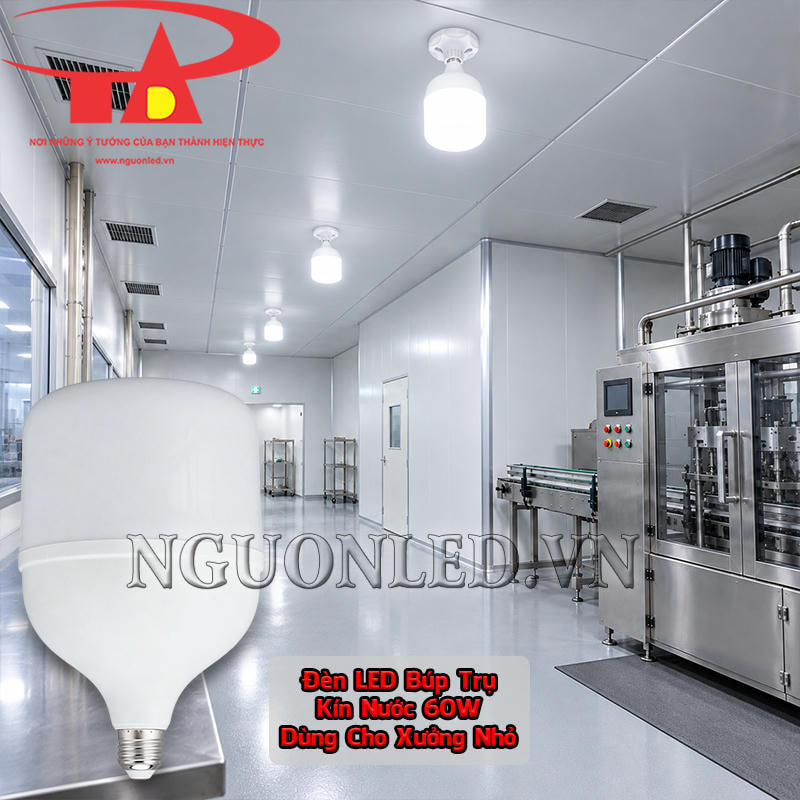 Đèn LED búp trụ kín nước 60W gắn trần tại xưởng nhỏ có máy móc và khu thao tác