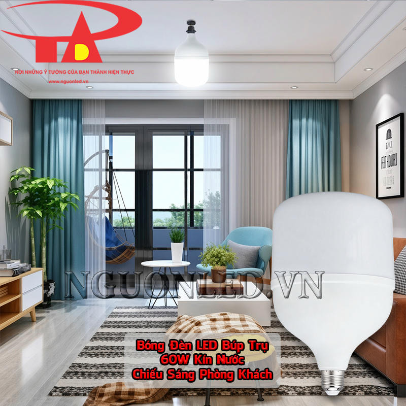 Bóng LED 60W kín nước sử dụng làm nguồn sáng chung cho phòng khách có sofa, bàn trà và khu sinh hoạt