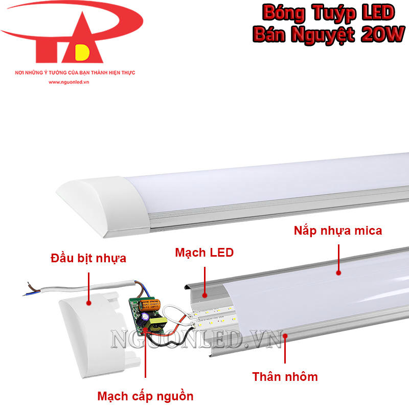 Cấu tạo đèn LED bán nguyệt 20W gồm nắp nhựa mica, thân nhôm, đầu bịt nhựa, mạch LED và mạch cấp nguồn