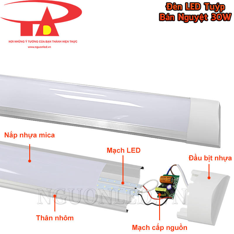 Đèn LED bán nguyệt 30W tích hợp mạch LED, nắp mica, thân nhôm và mạch nguồn trong cùng bộ đèn