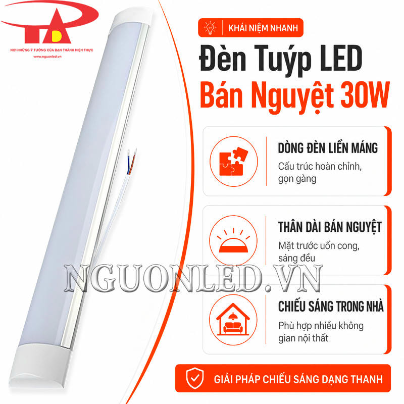 Đèn tuýp LED bán nguyệt 30W liền máng, bề mặt phát sáng dọc theo thân cong bán nguyệt