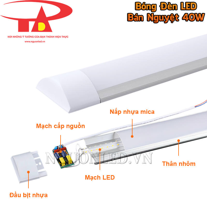 Linh kiện đồng bộ trên đèn LED bán nguyệt 40W gồm thân nhôm, nắp mica, đầu bịt PC và dây nguồn lõi đồng
