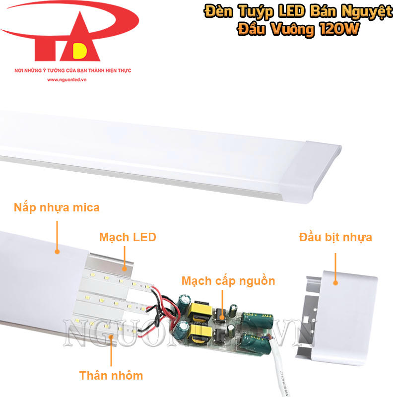 Cận cảnh đèn bán nguyệt đầu vuông 120W với nắp mica, thân nhôm, mạch LED, mạch cấp nguồn và đầu bịt nhựa