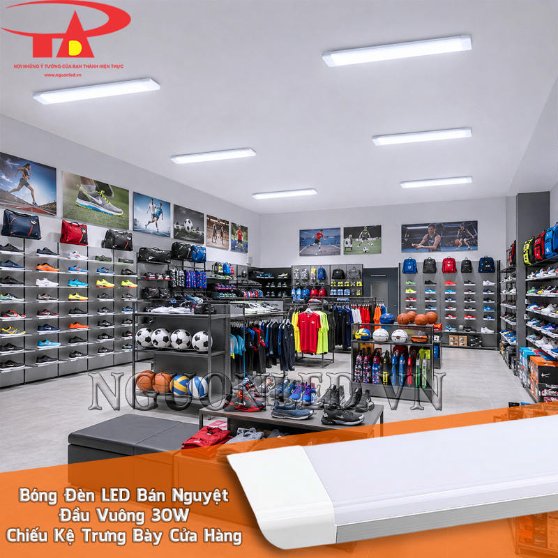 Đèn LED bán nguyệt đầu vuông 30W giúp làm rõ sản phẩm và bề mặt kệ trưng bày trong cửa hàng