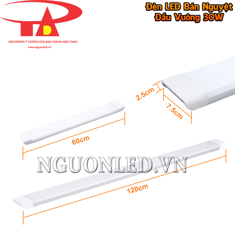 Đèn bán nguyệt đầu vuông 30W dài 60cm, tiết diện 7.5cm x 2.5cm, có thêm bản 120cm