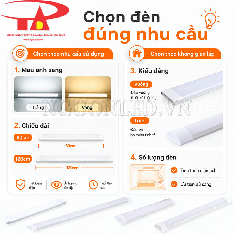 Chọn đèn tuýp LED bán nguyệt đầu vuông 30W gồm màu ánh sáng, chiều dài và số lượng theo không gian