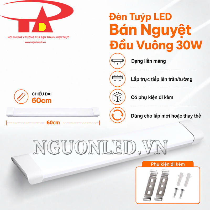 Đèn tuýp LED bán nguyệt đầu vuông 30W dạng liền máng 60cm, lắp nổi gọn trong nhà
