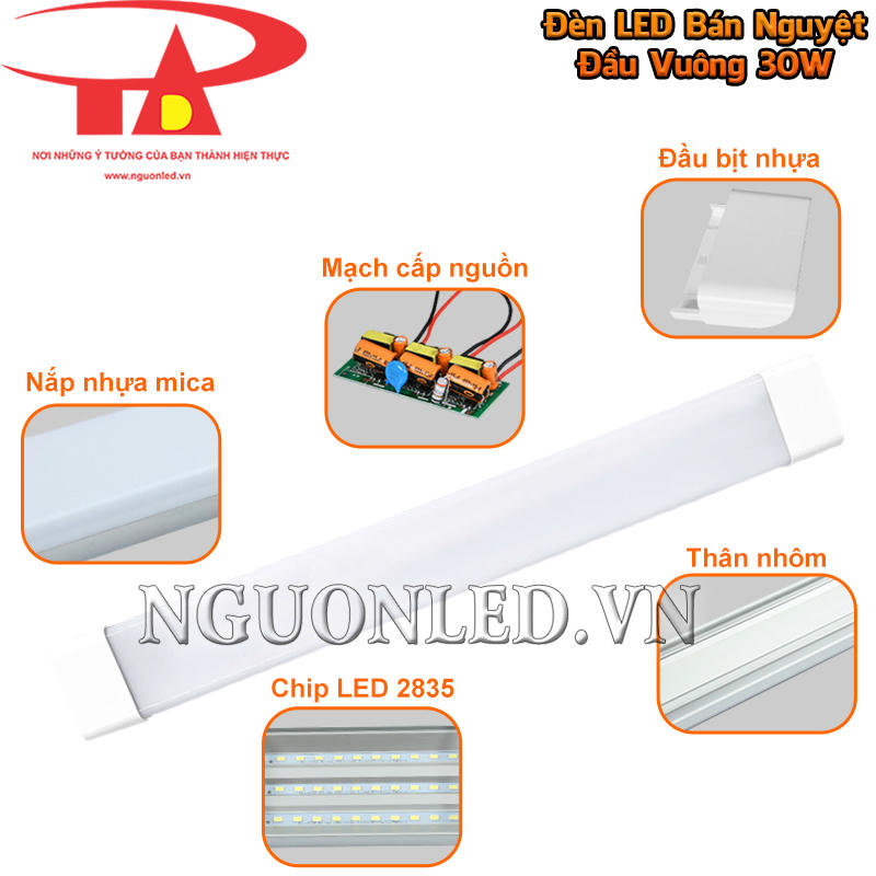 Đèn LED bán nguyệt đầu vuông 30W liền máng với chip SMD 2835, nguồn tích hợp và nắp mica