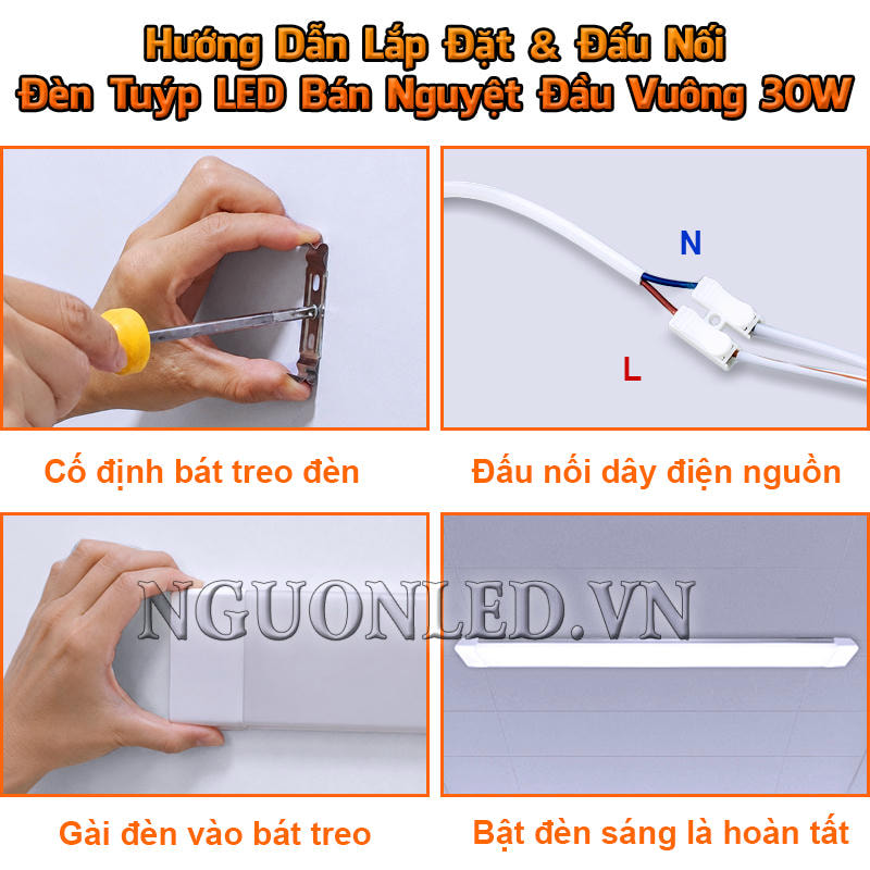 Quy trình lắp đèn bán nguyệt đầu vuông 30W gồm cố định bát treo, đấu dây, gài đèn và bật thử
