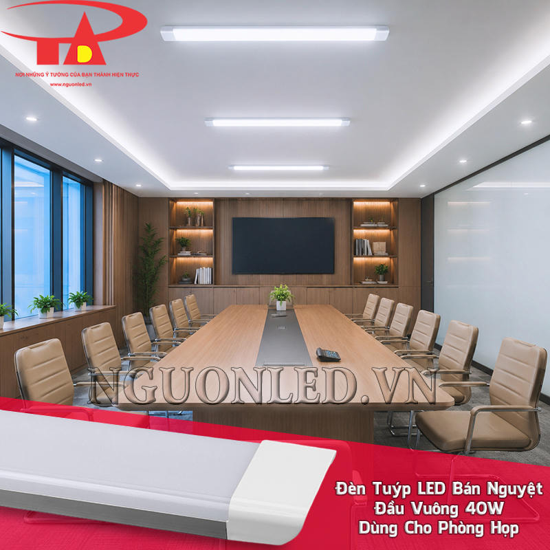 Bóng tuýp LED bán nguyệt đầu vuông 40W lắp dọc trục phòng họp, tạo vùng sáng rõ quanh bàn dài
