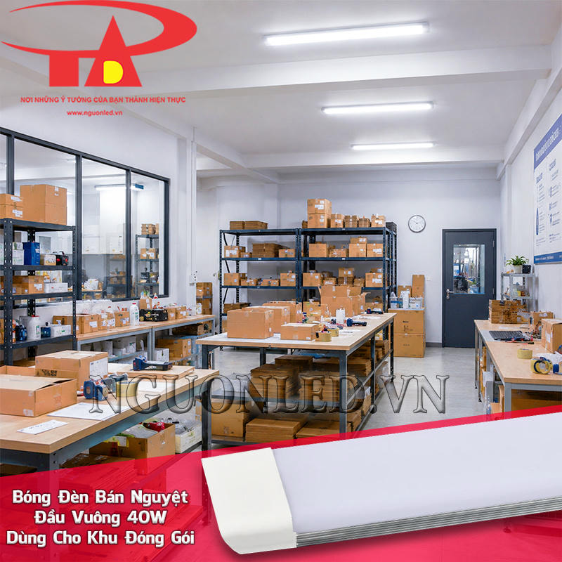 Đèn tuýp LED bán nguyệt đầu vuông 40W bố trí trên khu đóng gói, làm rõ tem nhãn và bề mặt thao tác