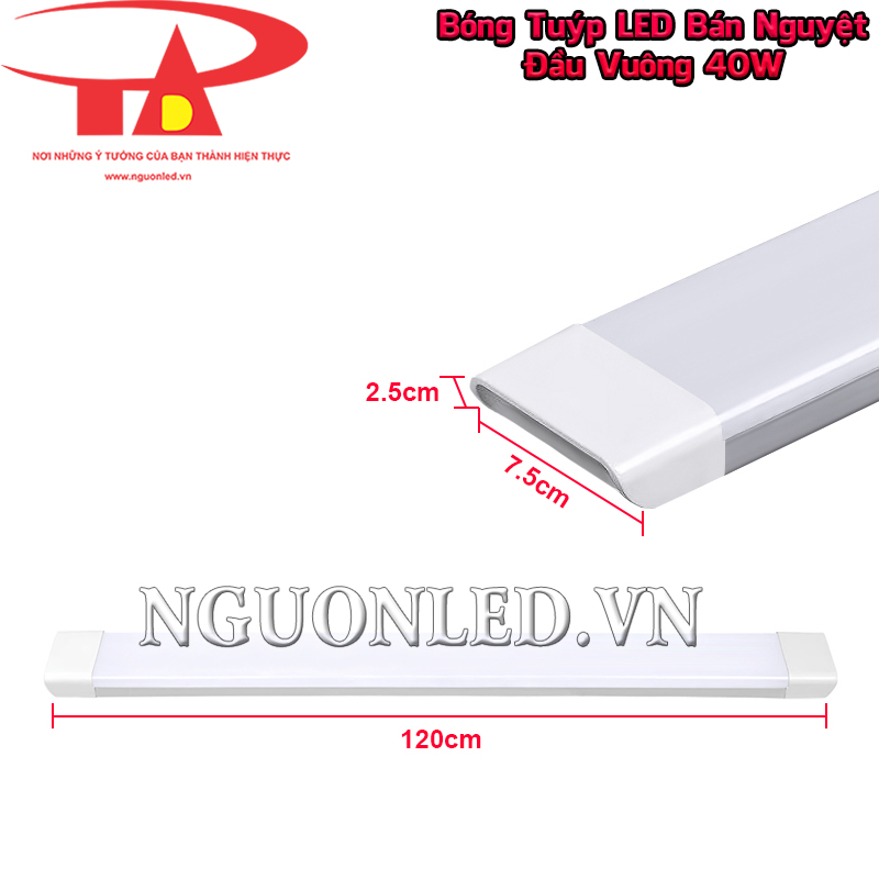 Bóng tuýp LED bán nguyệt đầu vuông 40W có thân dài 120cm, rộng 7,5cm và cao 2,5cm cho vị trí lắp nổi