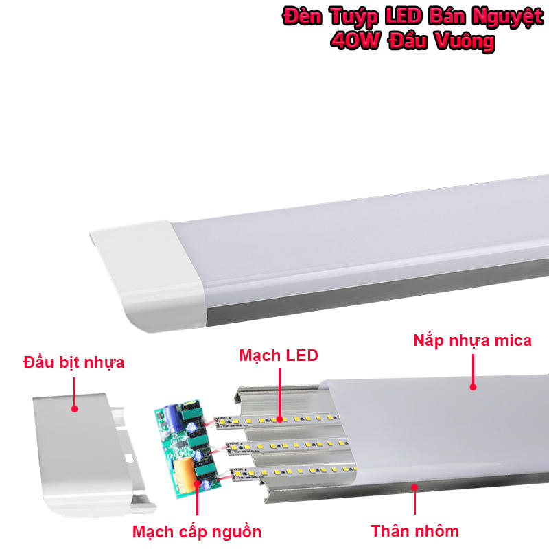 Đèn LED bán nguyệt đầu vuông 40W tích hợp đầu bịt PC, mạch nguồn, dãy chip, thân nhôm và nắp mica