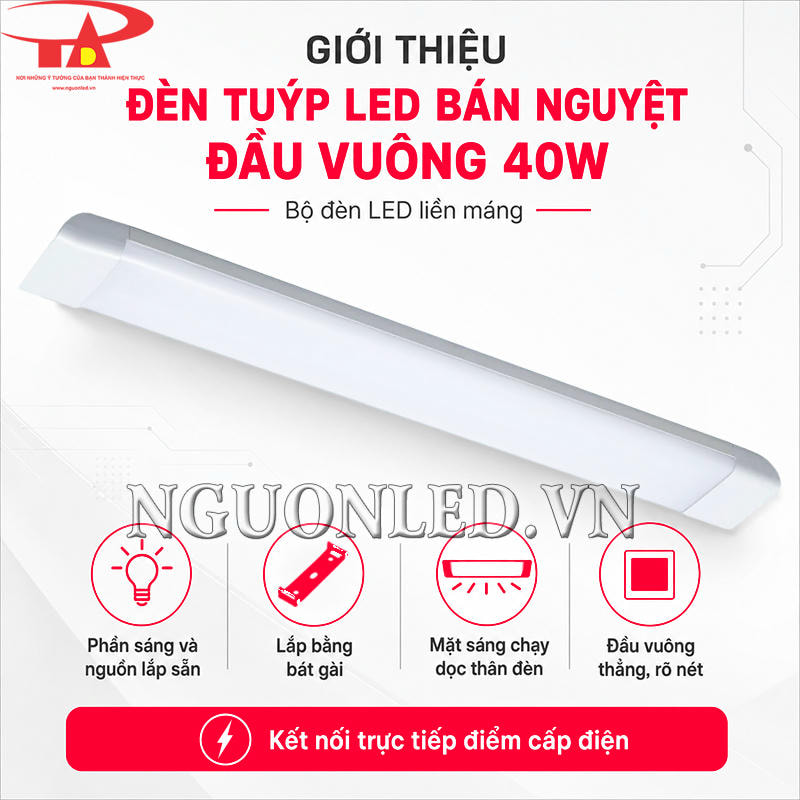 Đèn tuýp LED bán nguyệt đầu vuông 40W dạng liền máng, mặt sáng dài và hai đầu hoàn thiện vuông gọn