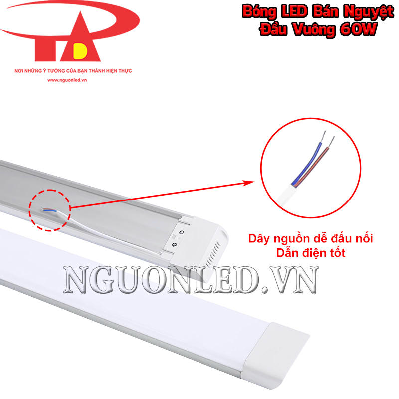 Dây nguồn có sẵn trên thân đèn bán nguyệt đầu vuông 60W hỗ trợ đấu nối tiện lợi khi lắp nổi
