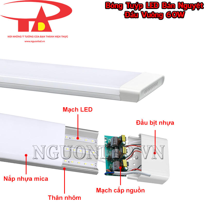 Cấu trúc đèn bán nguyệt liền máng gồm chip LED, mạch nguồn, thân nhôm, nắp mica và đầu bịt nhựa