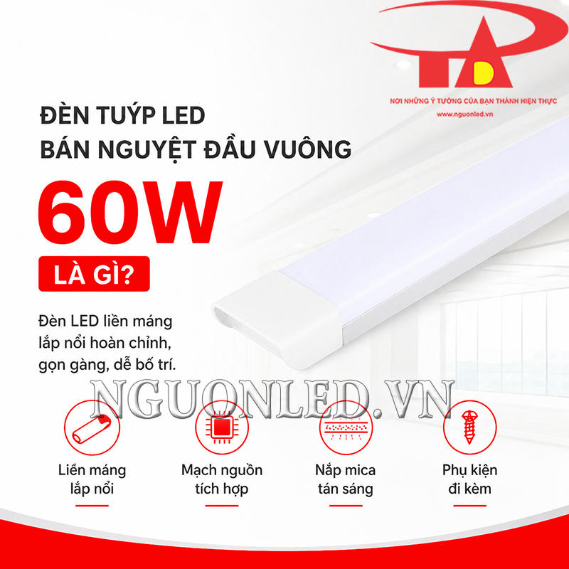 Đèn tuýp LED bán nguyệt đầu vuông 60W liền máng với nắp mica và mạch nguồn tích hợp
