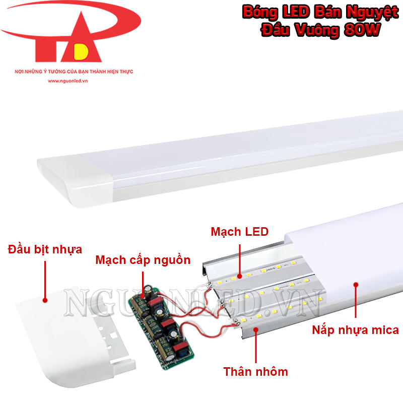 Đèn LED bán nguyệt đầu vuông 80W được hoàn thiện với đầu bịt nhựa, thân nhôm, nắp mica, mạch chip LED và mạch cấp nguồn