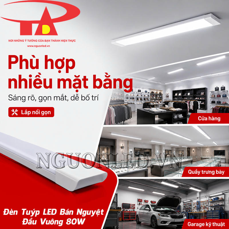 Đèn tuýp LED bán nguyệt đầu vuông 80W lắp nổi gọn cho cửa hàng, quầy trưng bày và garage
