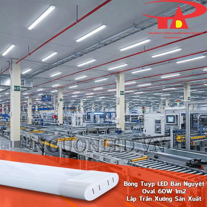 Đèn LED tuýp bán nguyệt oval 60W chiếu sáng xưởng sản xuất với máy móc và các khu vực thao tác